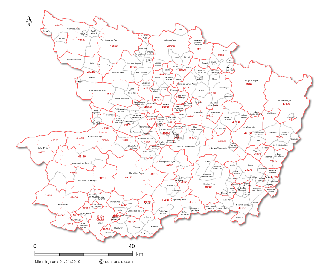Carte des communes et codes postaux du Maine-et-Loire