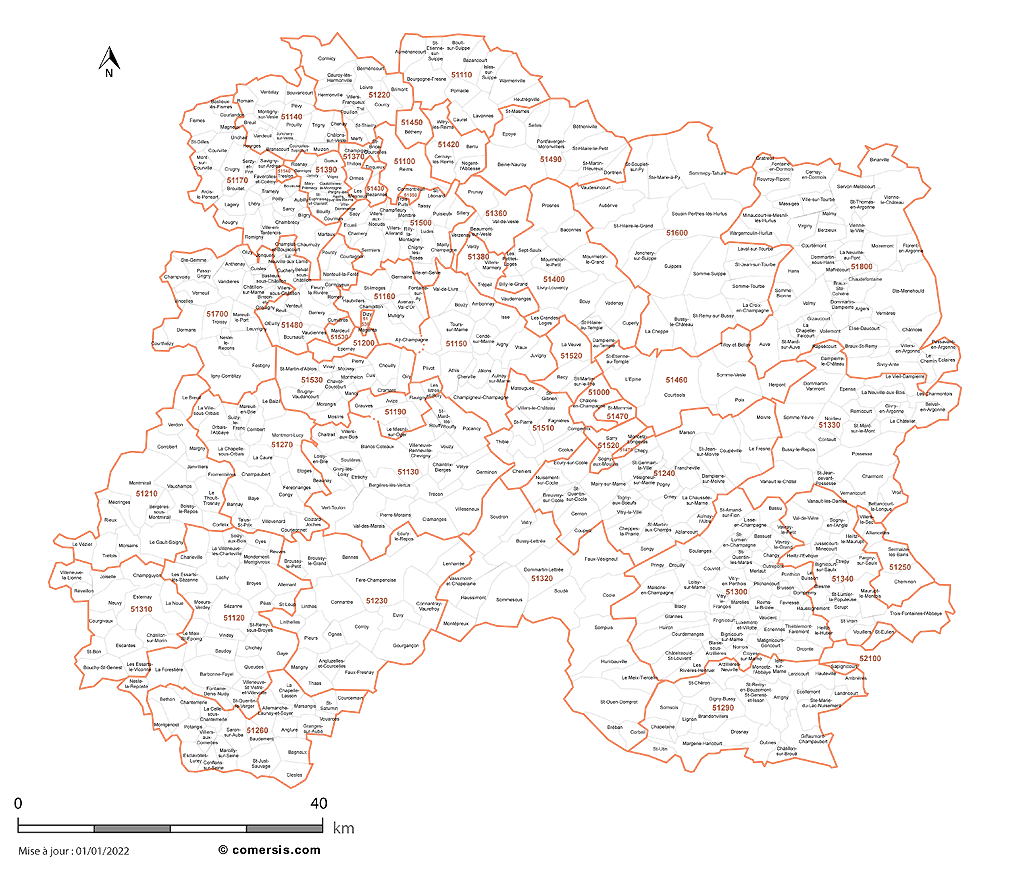 Carte des communes et codes postaux de la Marne