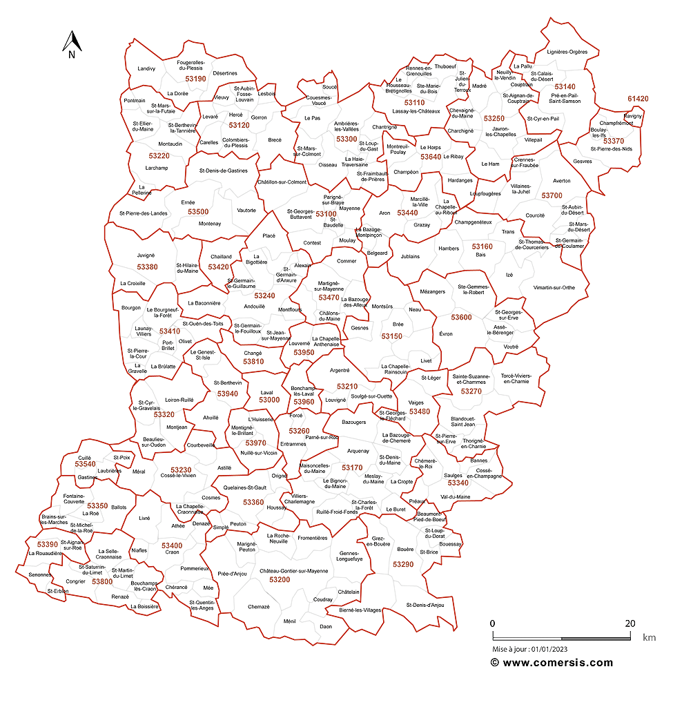 Carte des codes postaux de la Mayenne
