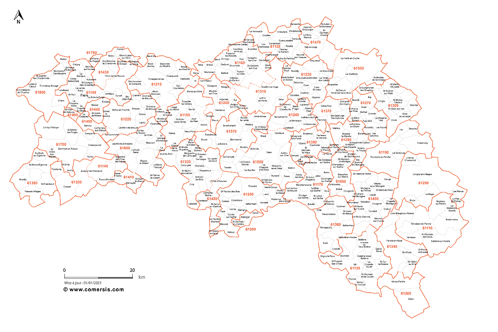 Carte des communes et codes postaux de l'Orne