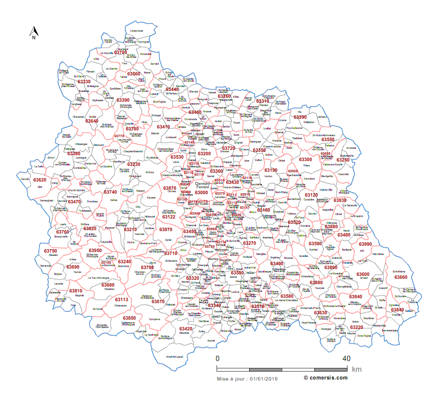 Carte des communes et codes postaux du Puy-de-Dôme