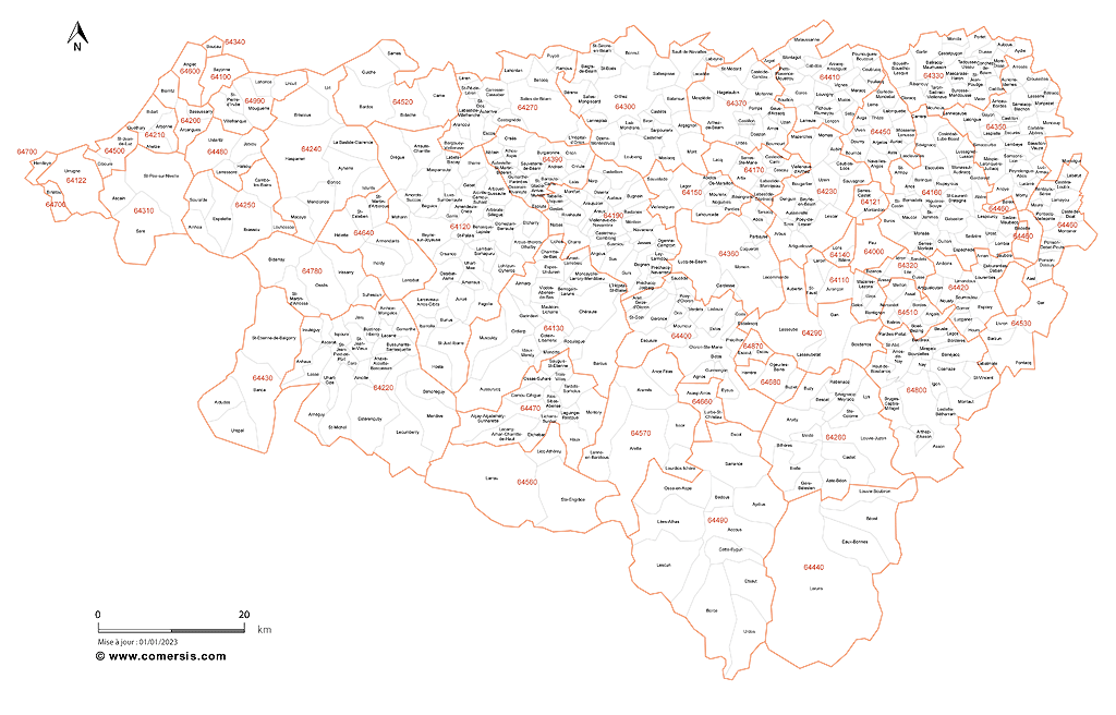Carte des communes et codes postaux des Pyrénées-Atlantiques