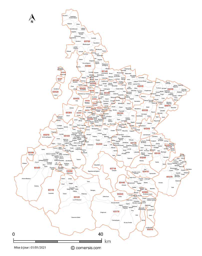 Carte des communes et codes postaux des Hautes-Pyrénées