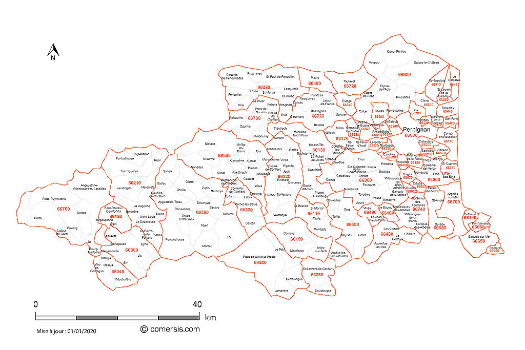 Carte des communes et codes postaux des Pyrénées-Orientales