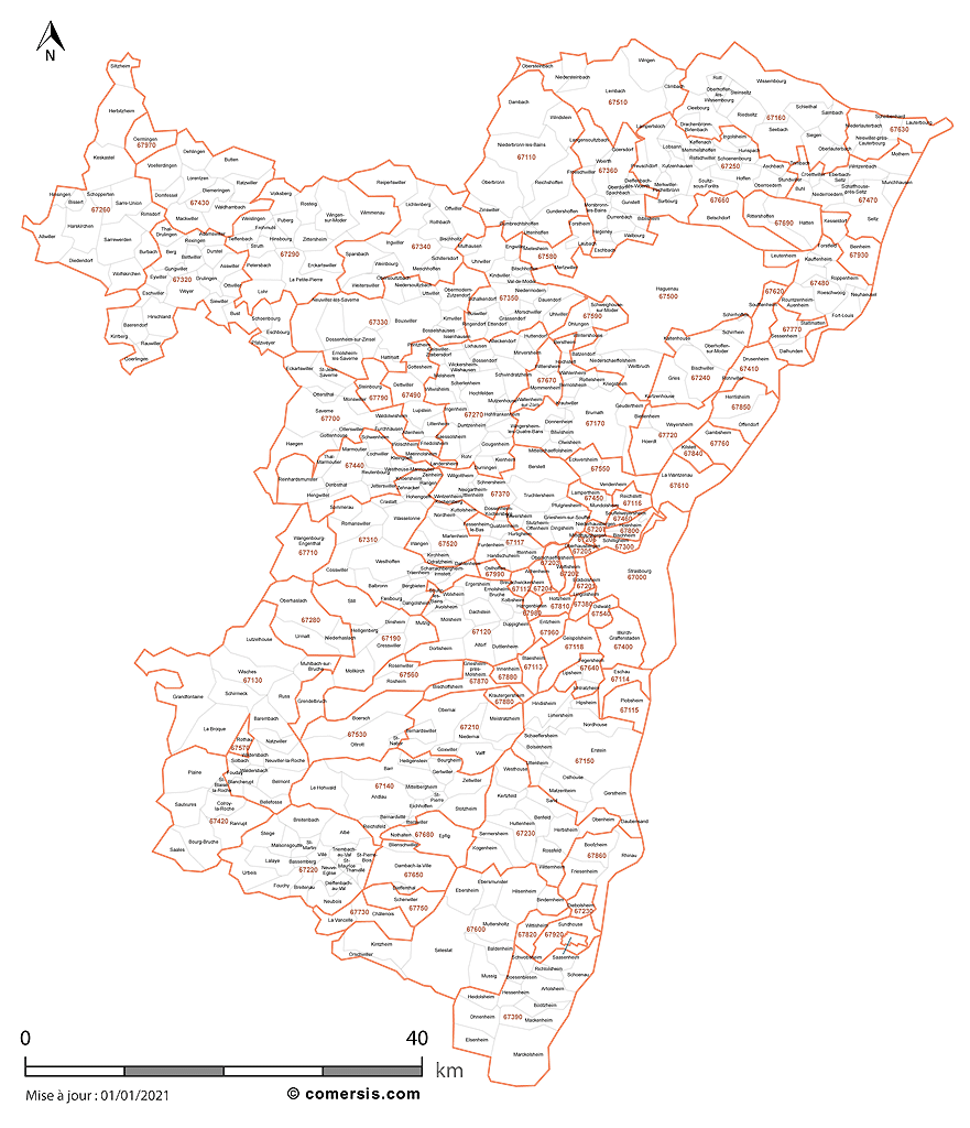 Carte des communes et codes postaux du Bas-Rhin