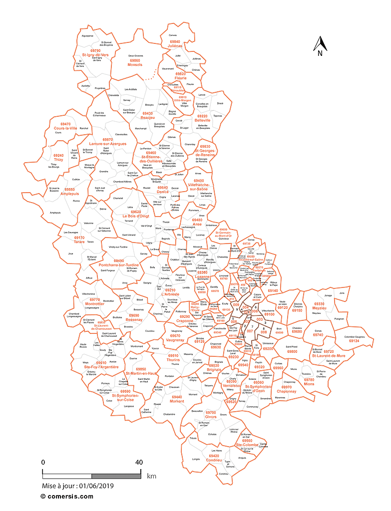 Carte des communes et codes postaux du Rhône