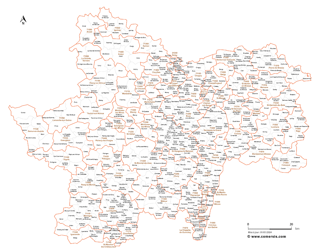 Carte des communes et codes postaux de Saône-et-Loire