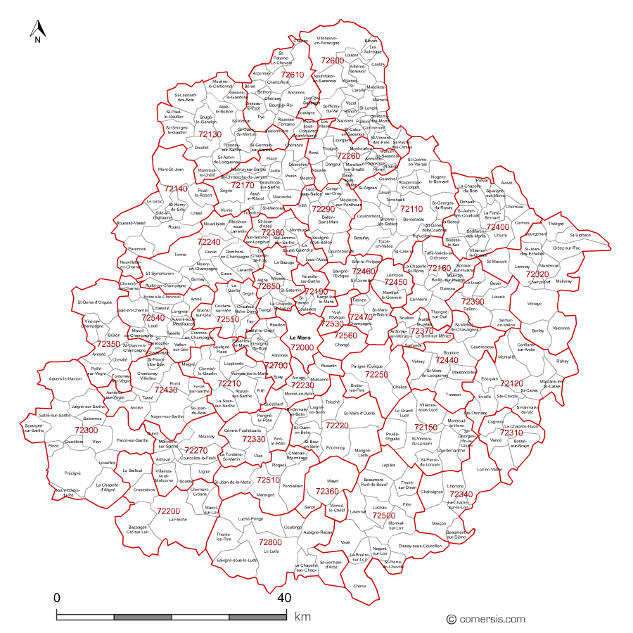Carte des communes et codes postaux de la Sarthe