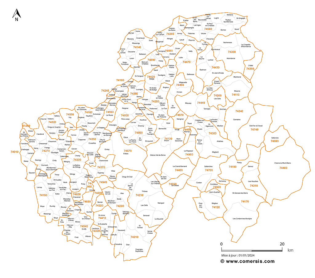 Carte des communes et codes postaux de la Haute-Savoie