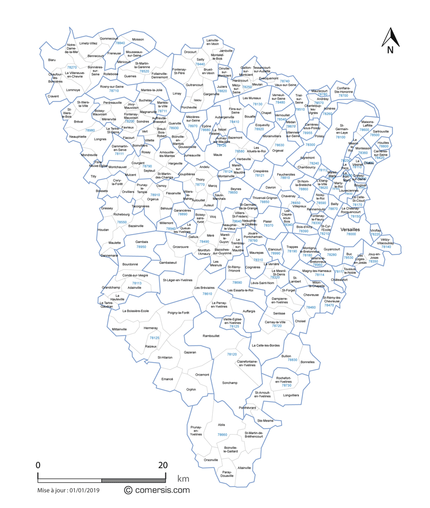 Carte des communes et codes postaux des Yvelines