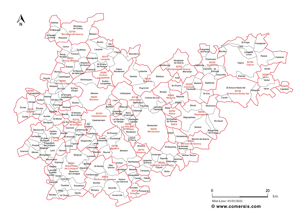 Carte des communes et codes postaux du Tarn-et-Garonne