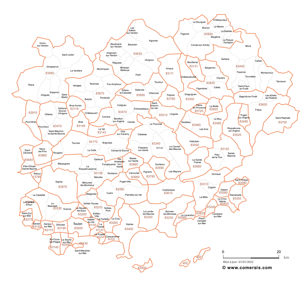 Carte des communes et codes postaux du Var