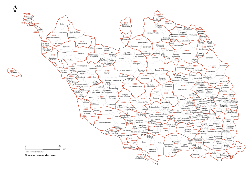Carte des communes et codes postaux de la Vendée