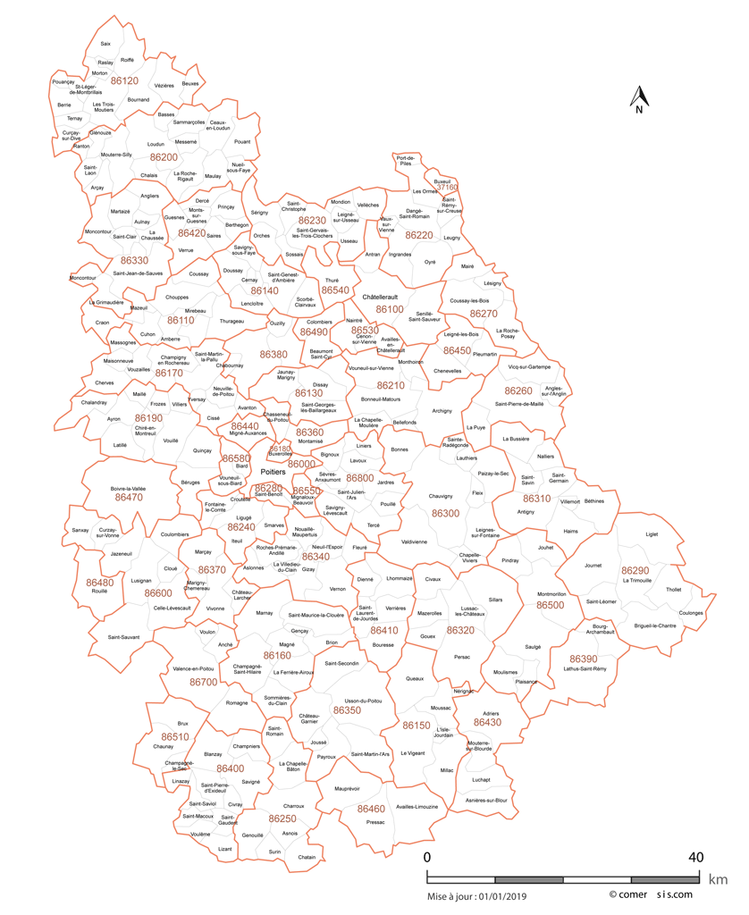 Carte des communes et codes postaux de la Vienne