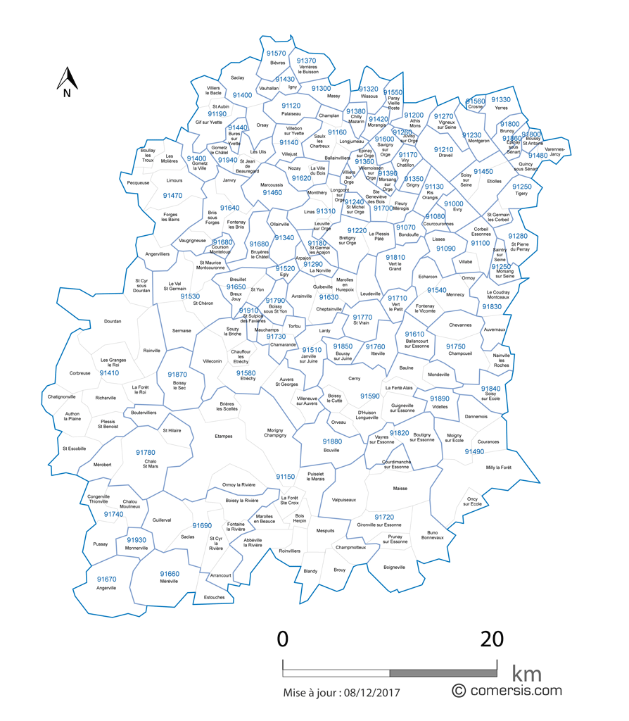 Carte des communes et codes postaux de l'Essonne