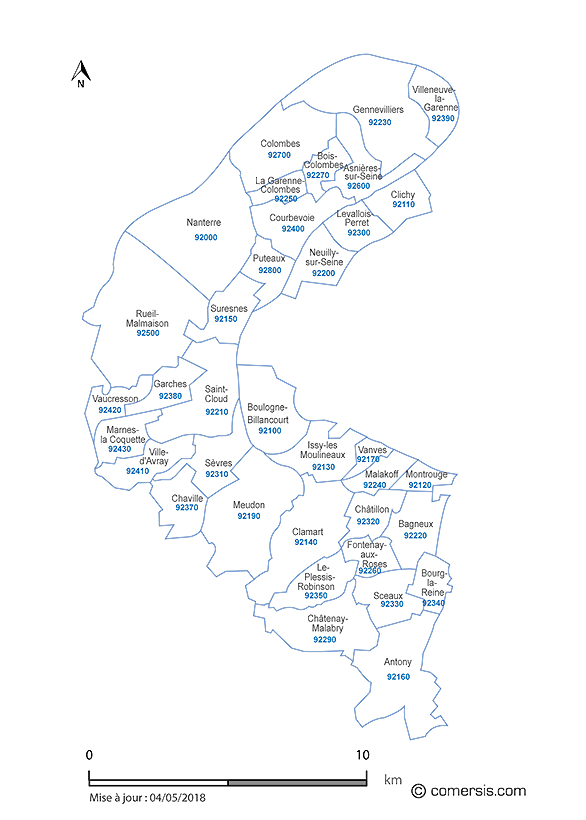 Carte des communes et codes postaux des Hauts-de-Seine