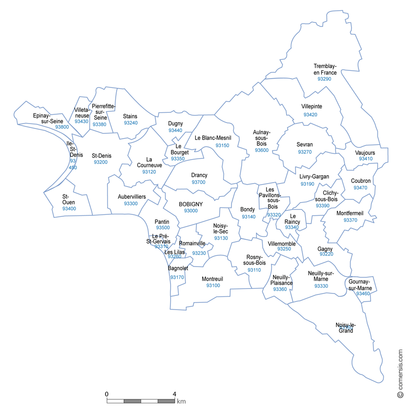 Carte des communes et codes postaux de la Seine-Saint-Denis
