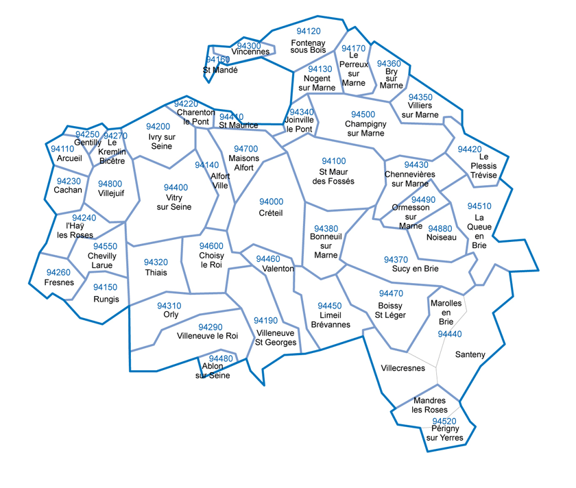 Carte des communes et codes postaux du Val-de-Marne