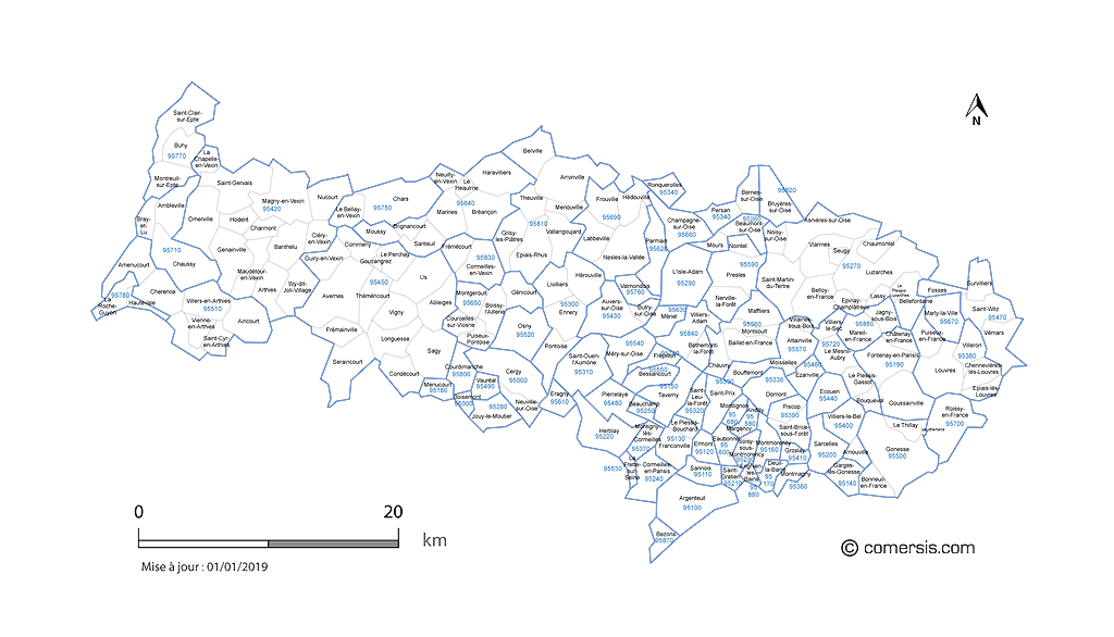 Carte des communes et codes postaux du Val-d'Oise