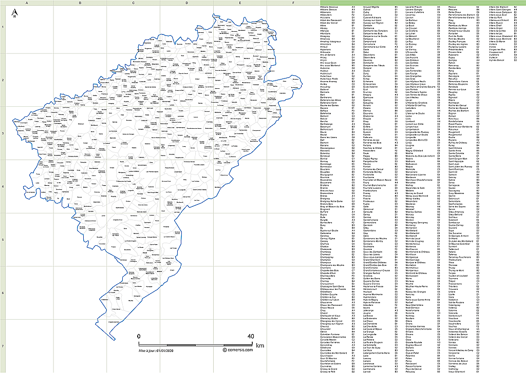 Carte des communes du Doubs avec quadrillage