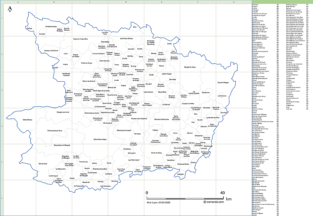 Carte des communes du Maine-et-Loire avec quadrillage