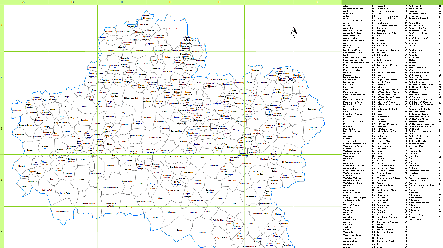 Carte des communes du Lot avec quadrillage