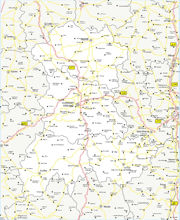 Carte des routes d'Auvergne