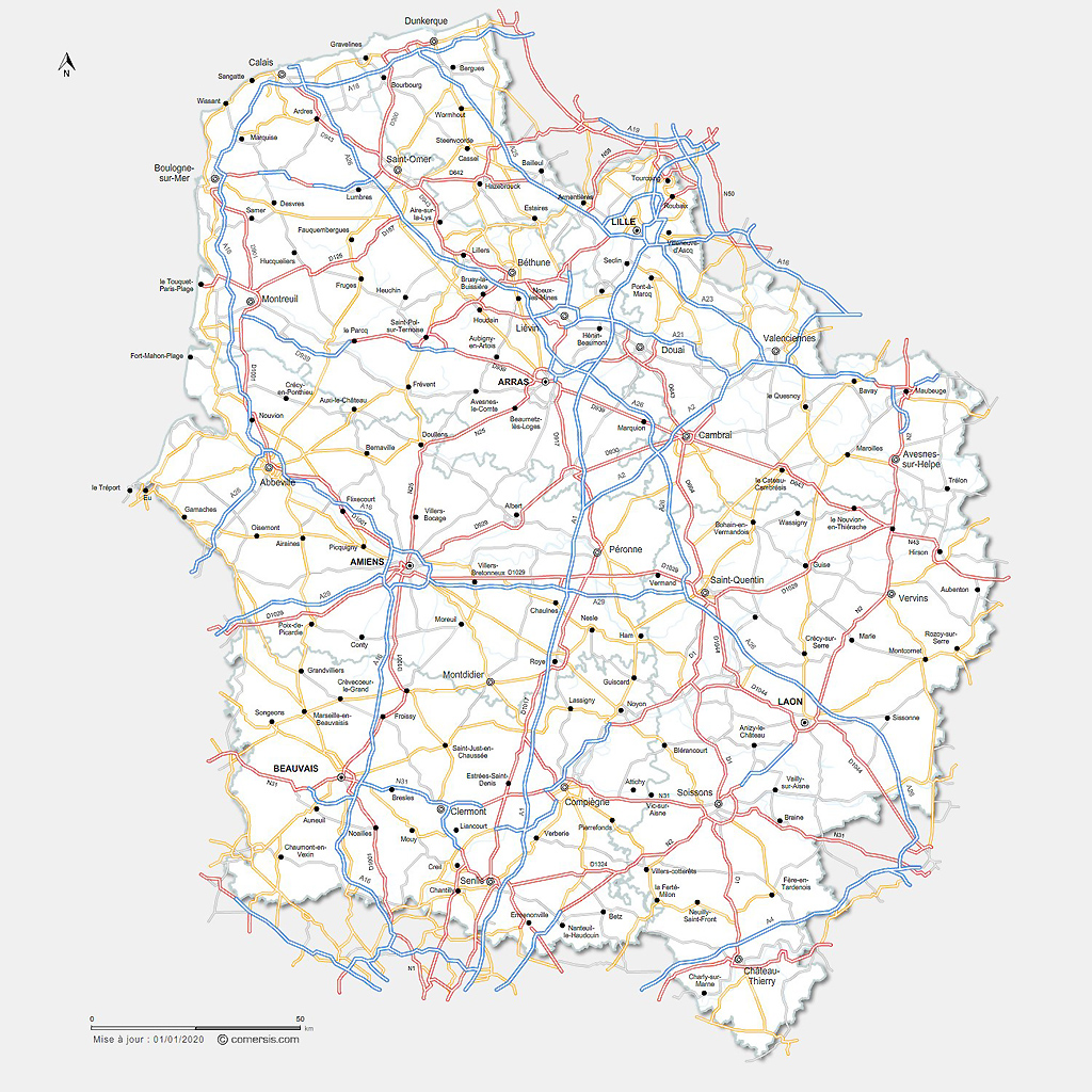 Carte des routes des Hauts-de-France
