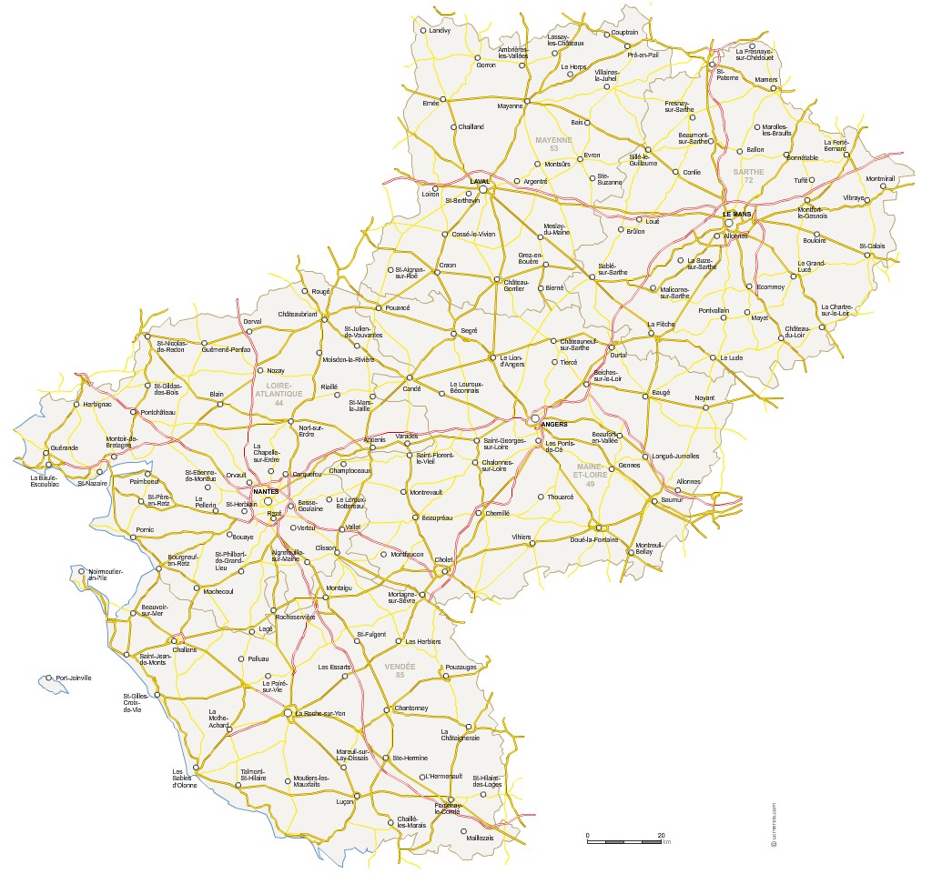 Carte des routes des Pays de la Loire
