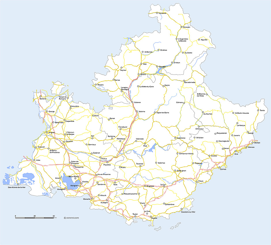 Carte des routes de Provence-Alpes-Côte d'Azur