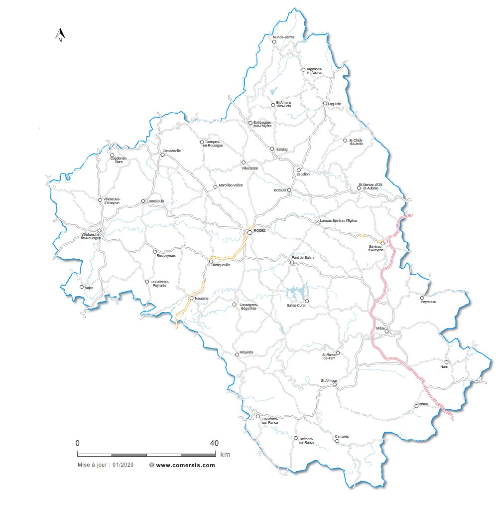 Carte des routes de l'Aveyron