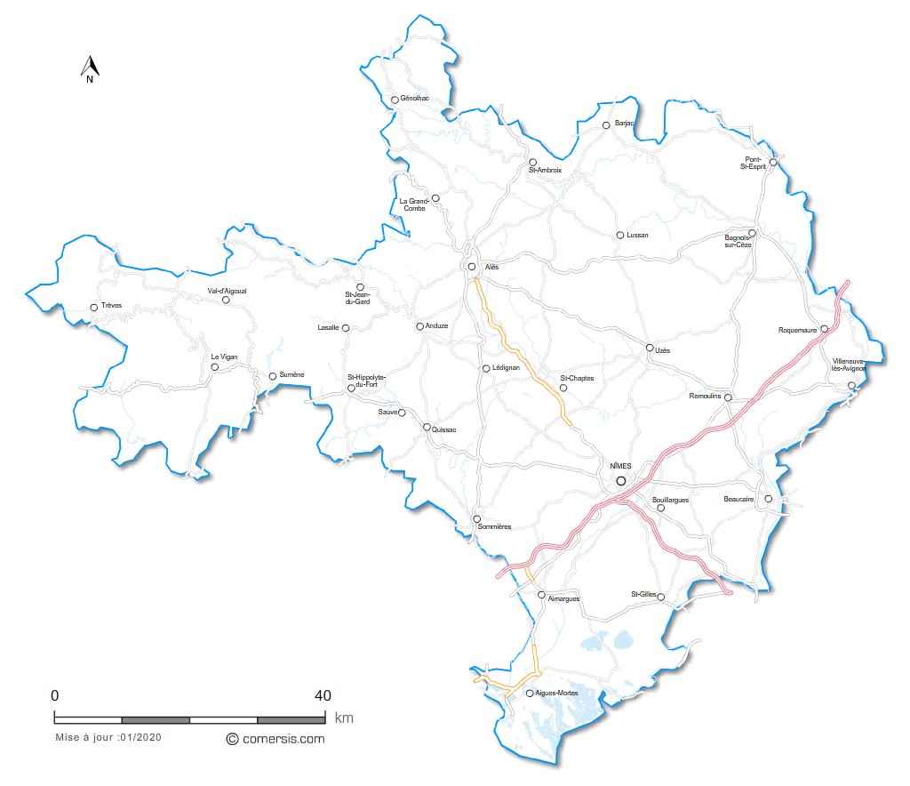Carte des routes du Gard