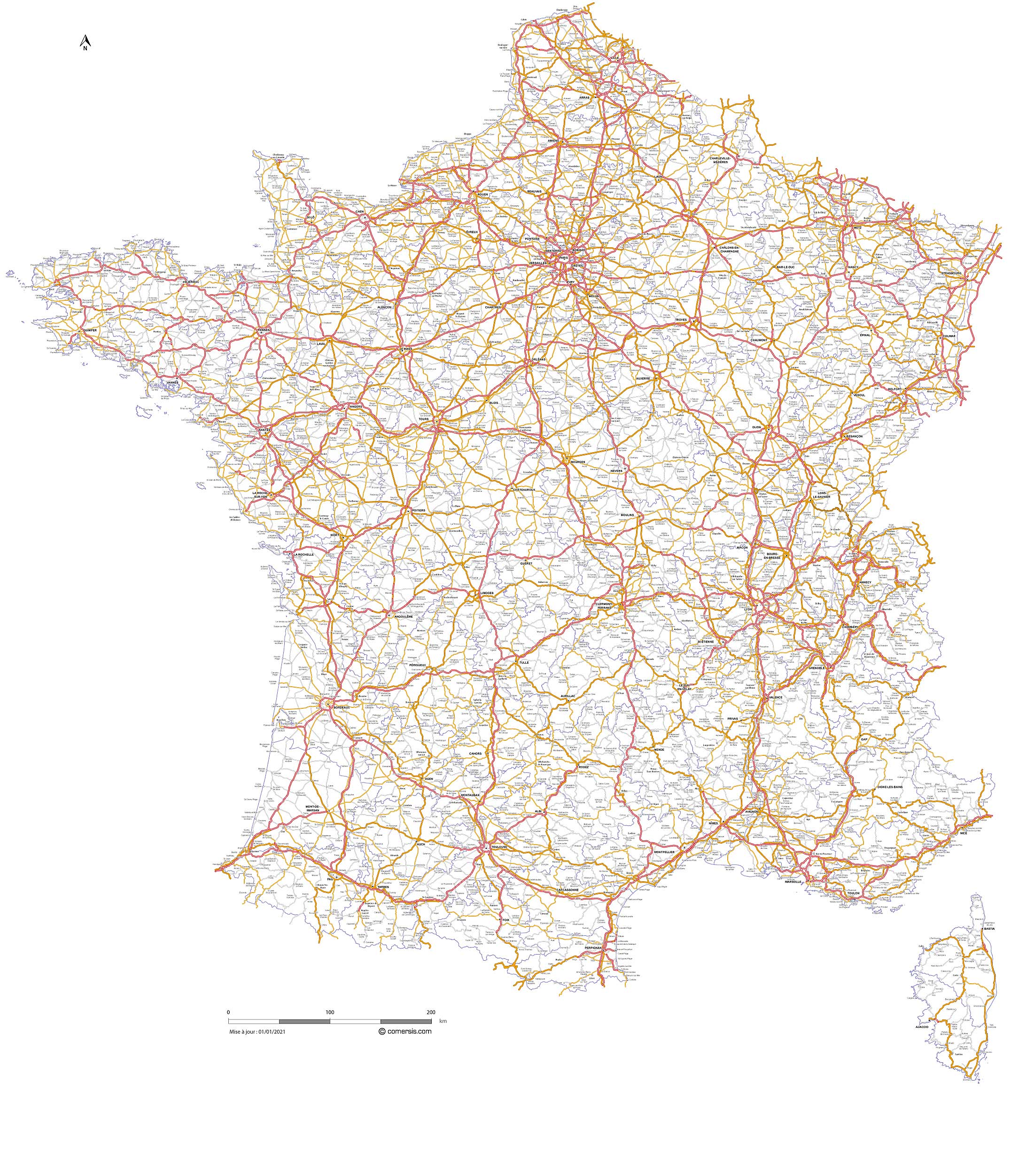 Map of France road networks - High Definition