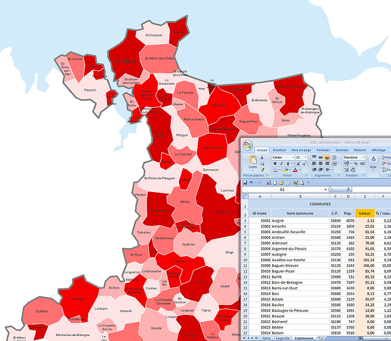 Carte Excel interactive des communes de la Dordogne