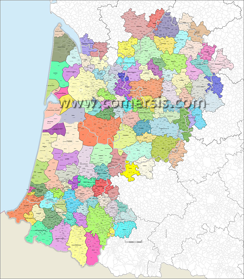 Carte des bassins de vie d'Aquitaine