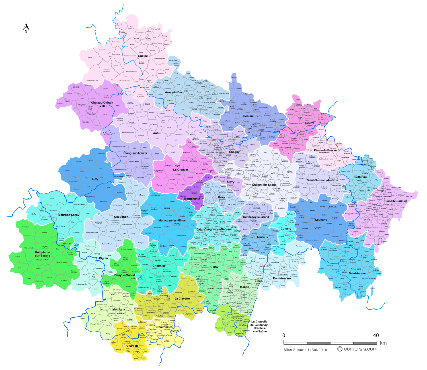 Carte des bassins de vie de Saône-et-Loire avec toutes les communes