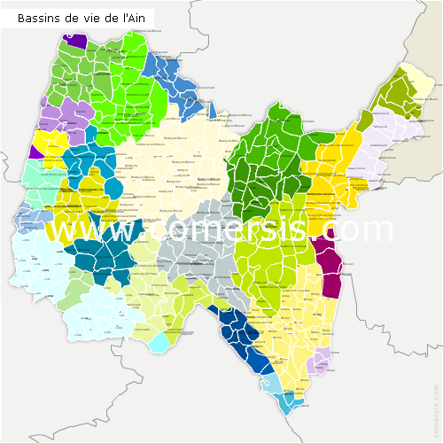 Carte des bassins de vie de l'Ain avec toutes les communes