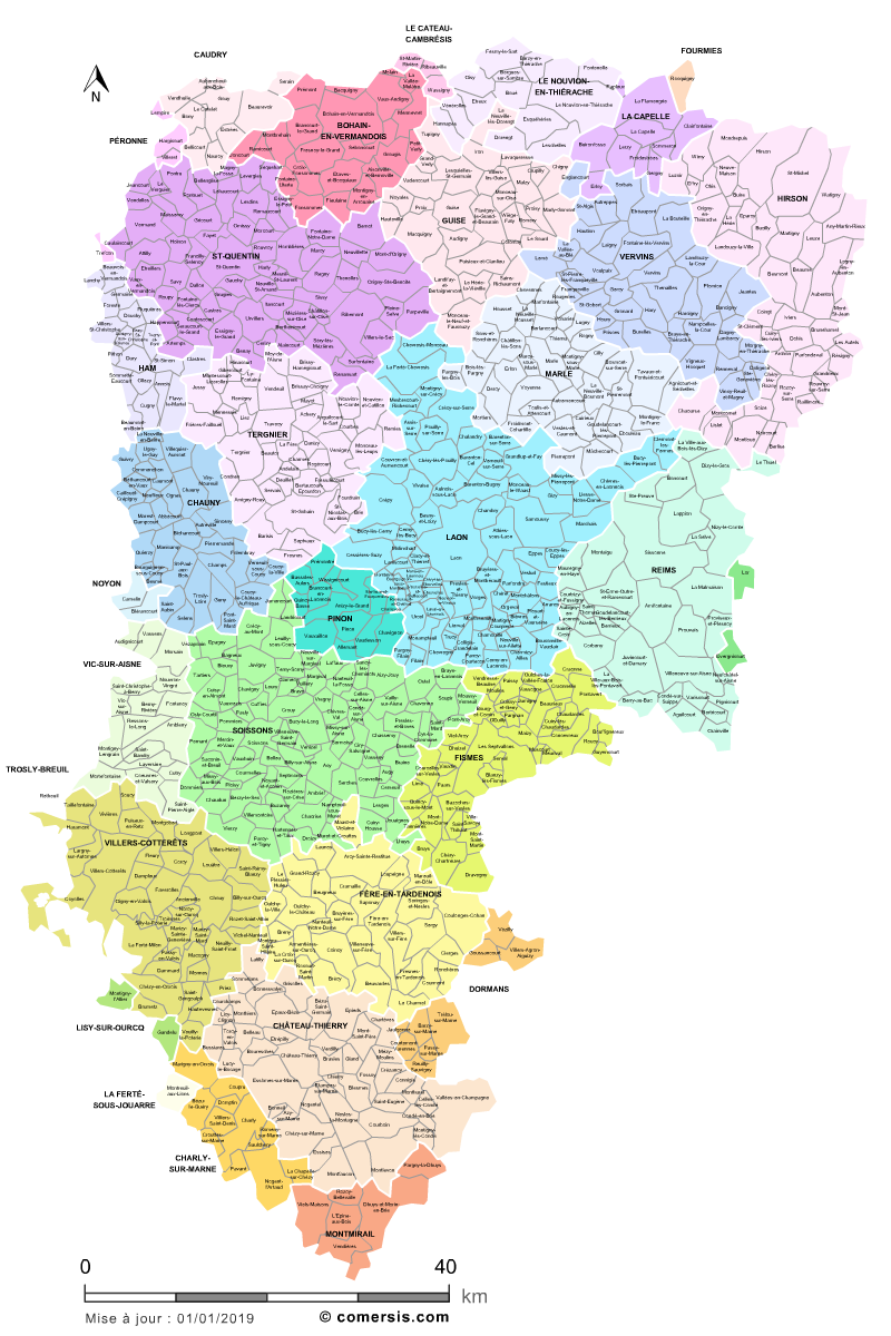 Carte des bassins de vie de l'Aisne avec toutes les communes