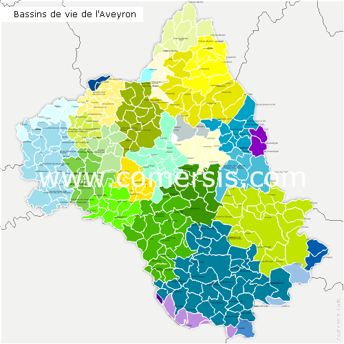 Carte des bassins de vie de l'Aveyron
