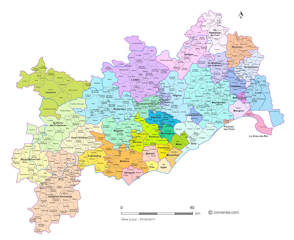 Carte des bassins de vie de l'Hérault avec toutes les communes