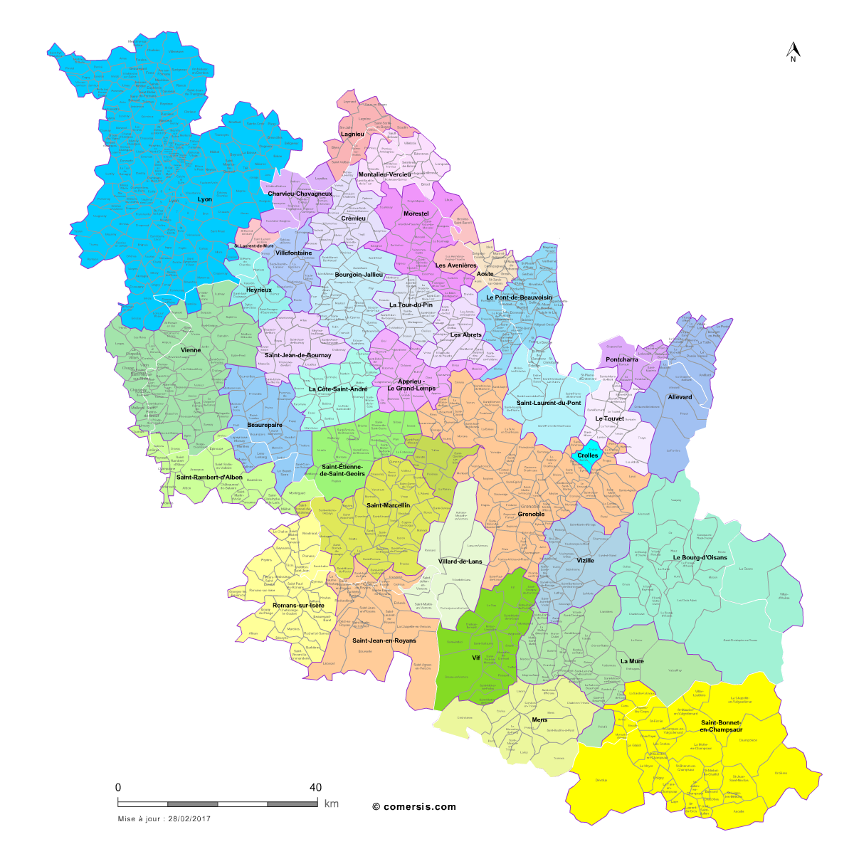Carte des bassins de vie de l'Isère