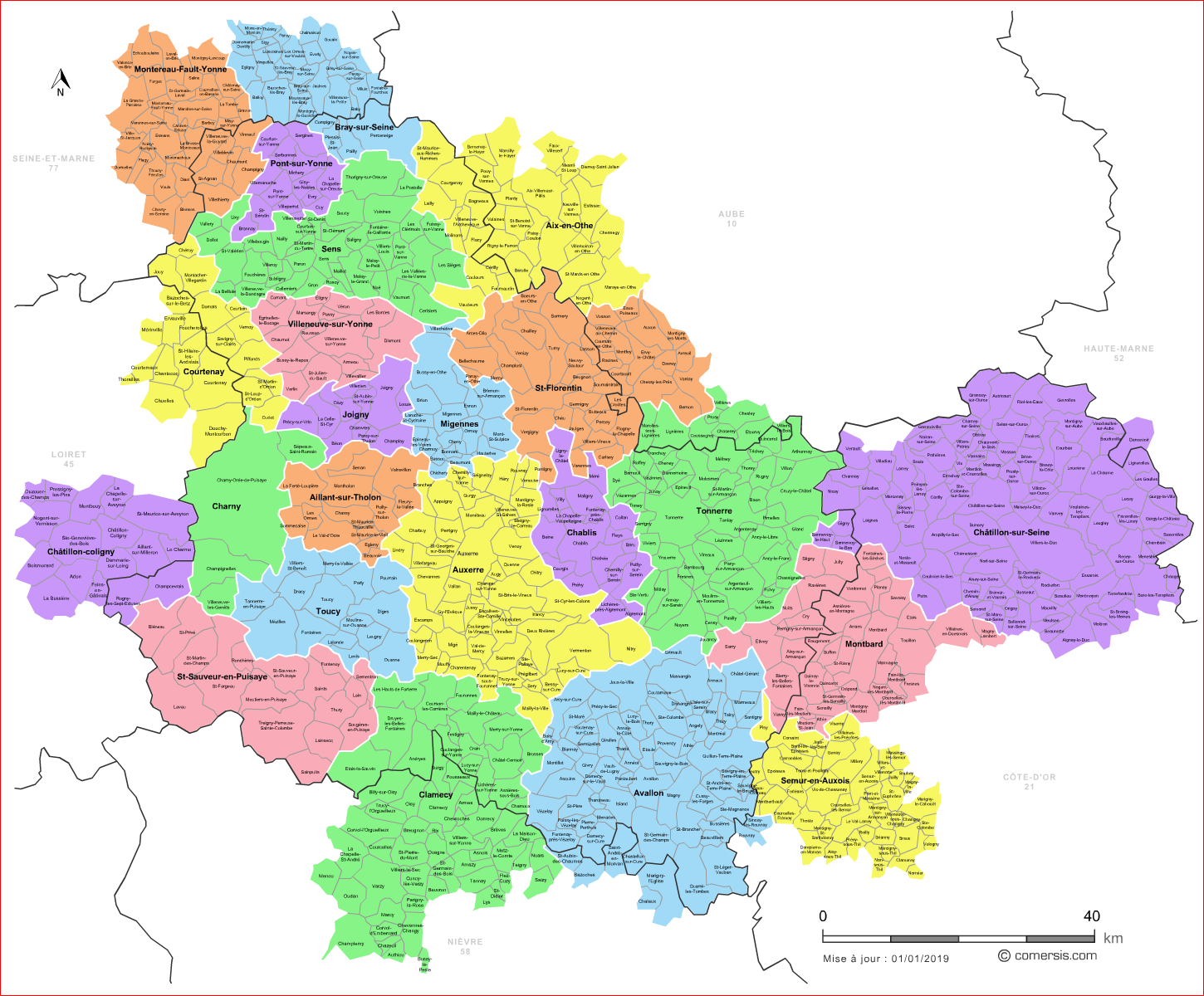 Carte des bassins de vie de l'Yonne avec toutes les communes