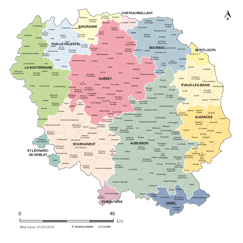 Carte des bassins de vie de la Creuse avec toutes les communes