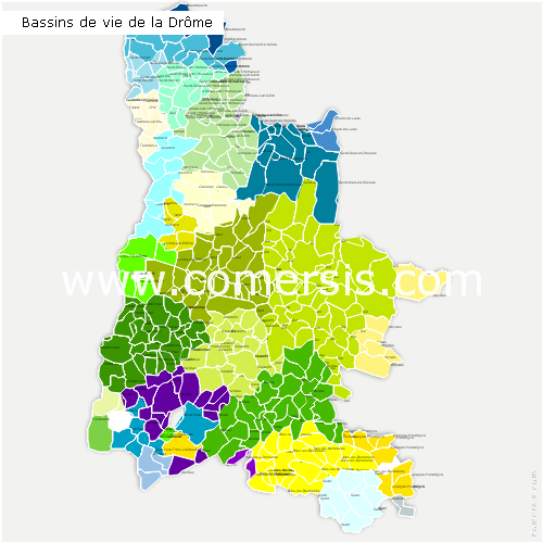 Carte des bassins de vie de la Drôme avec toutes les communes