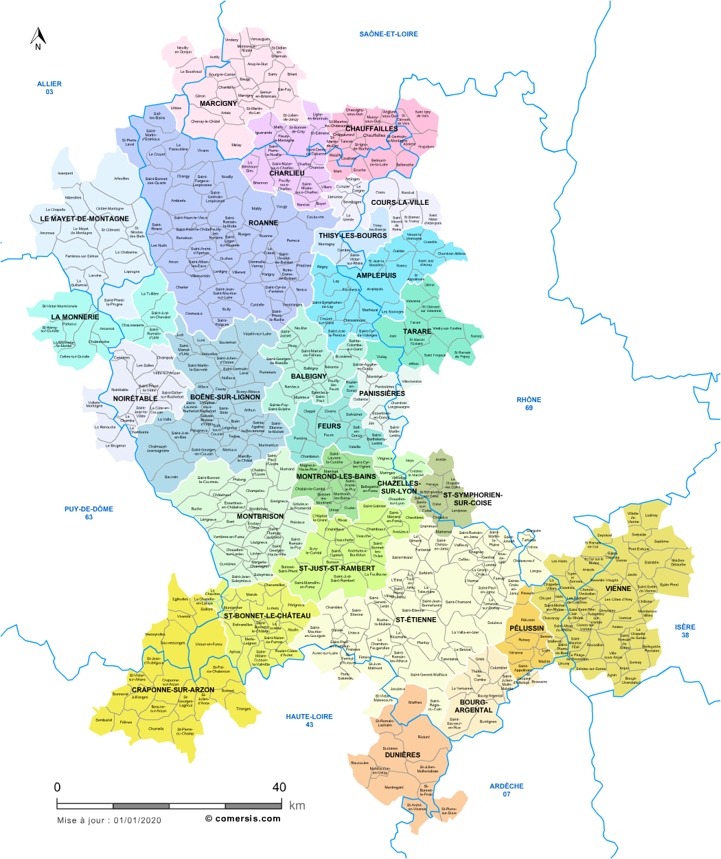 Carte des bassins de vie de la Loire avec toutes les communes