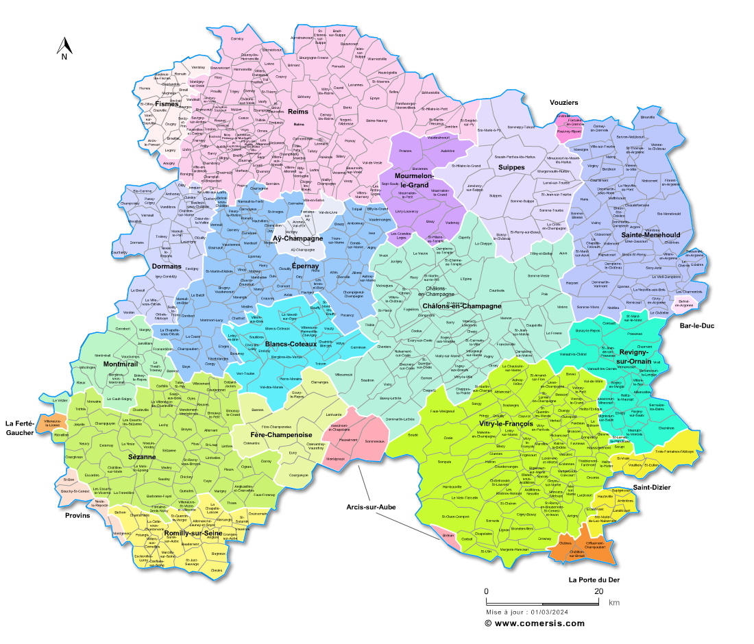 Carte des bassins de vie de la Marne avec toutes les communes