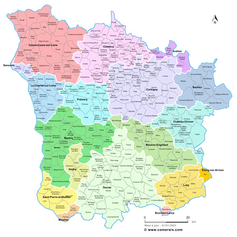 Carte des bassins de vie de la Nièvre avec toutes les communes