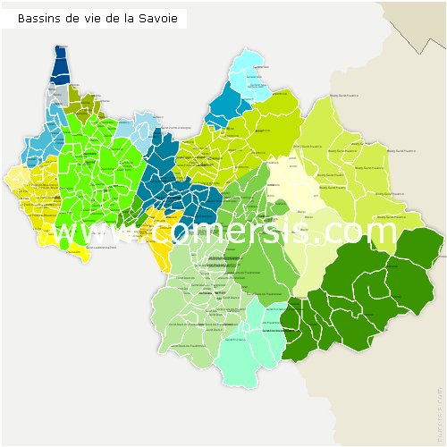 Carte des bassins de vie de la Savoie avec toutes les communes