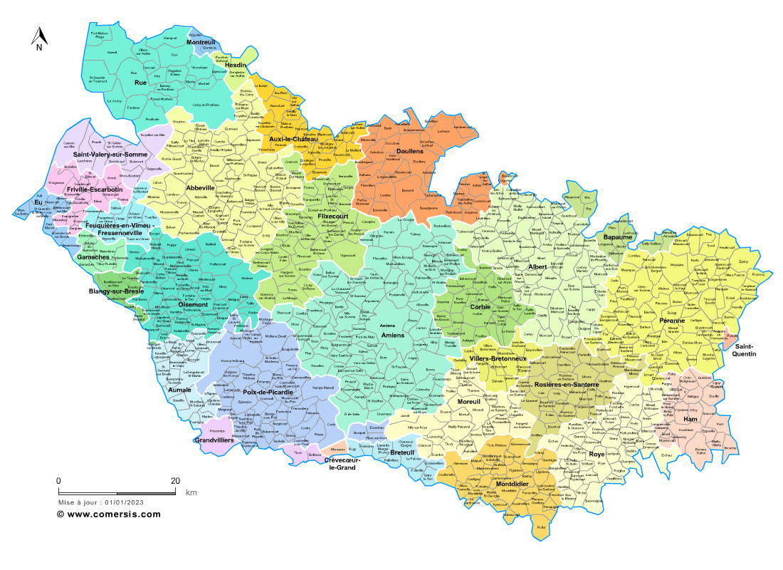 Carte des bassins de vie de la Somme avec toutes les communes