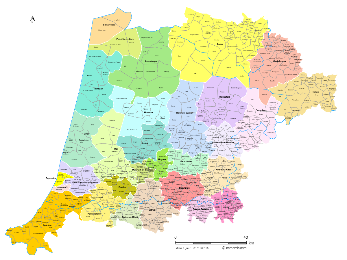 Carte des bassins de vie des Landes avec toutes les communes